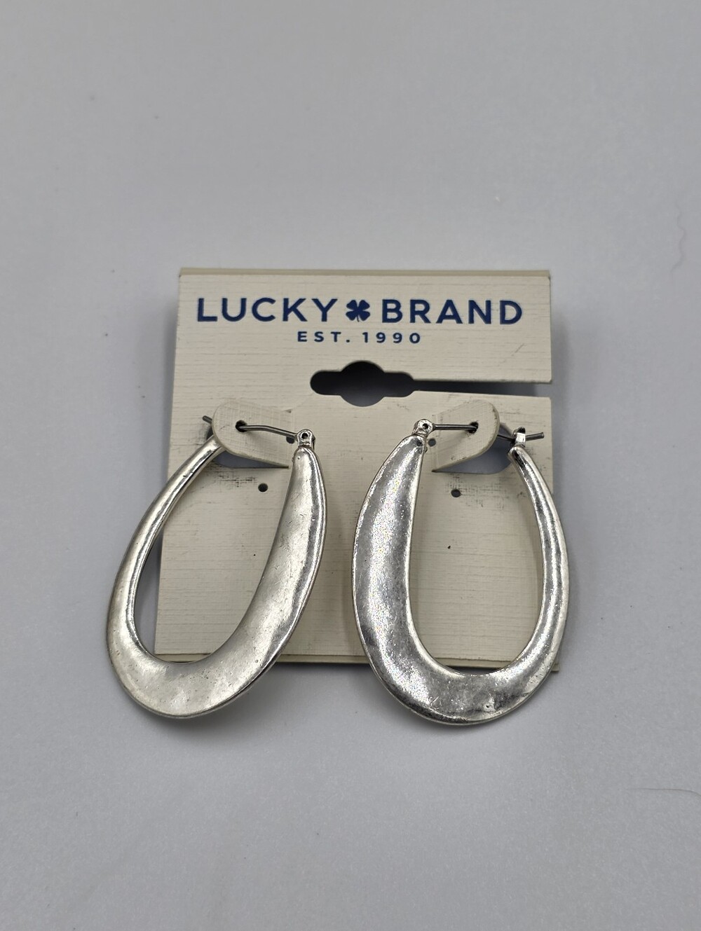 Lucky Brand Silver Tone Hammered Oval Hoop Earrings Textured Teardrop Boho‎